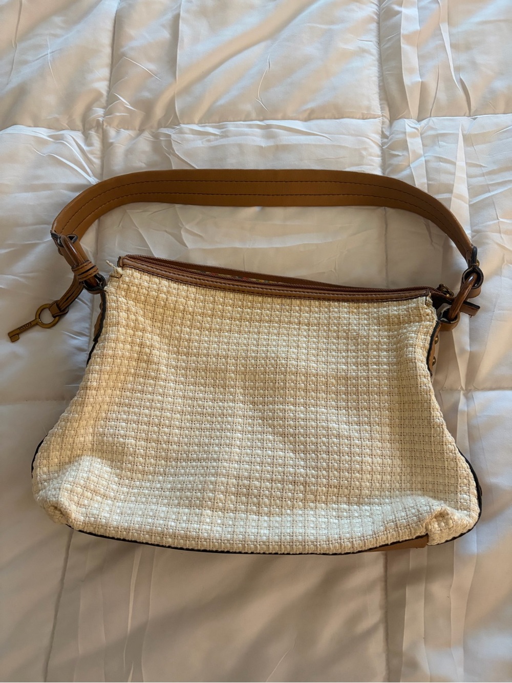 Fossil Cream Woven Shoulder Bag with Tan Strap